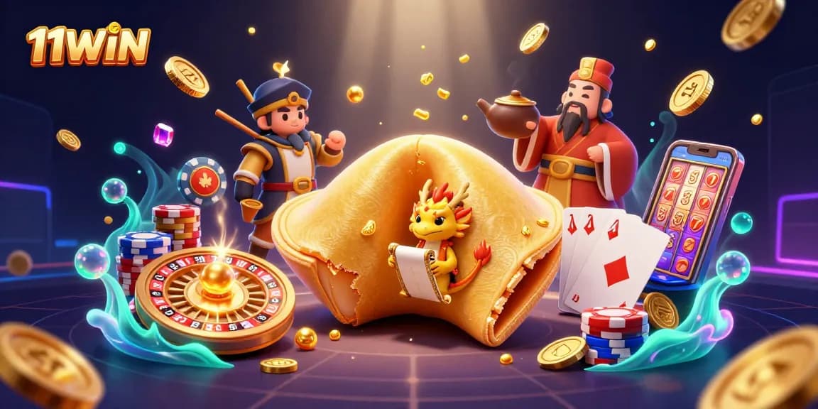 Engage with 11WIN's thrilling casino ambiance with a vibrant, dynamic scene featuring rich visuals and gaming symbols.