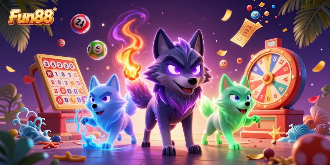 Engage with Fun88's vibrant games illustrated by a shadow wolf leader and colorful gambling elements.