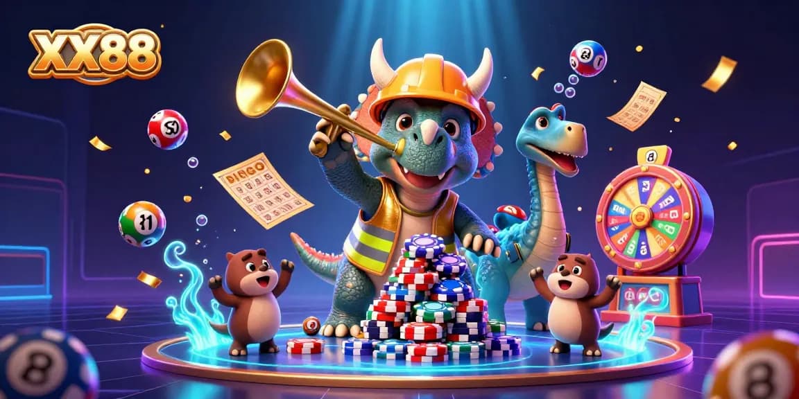 Engage with the excitement of XX88 as a cartoon triceratops builds a casino pyramid of poker chips amid vibrant lottery elements.