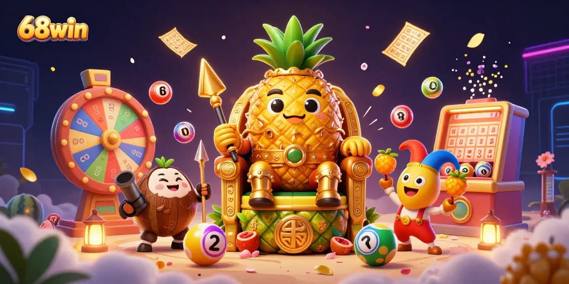Engage with exciting games at 68win while the golden pineapple king rules a vibrant beach casino.