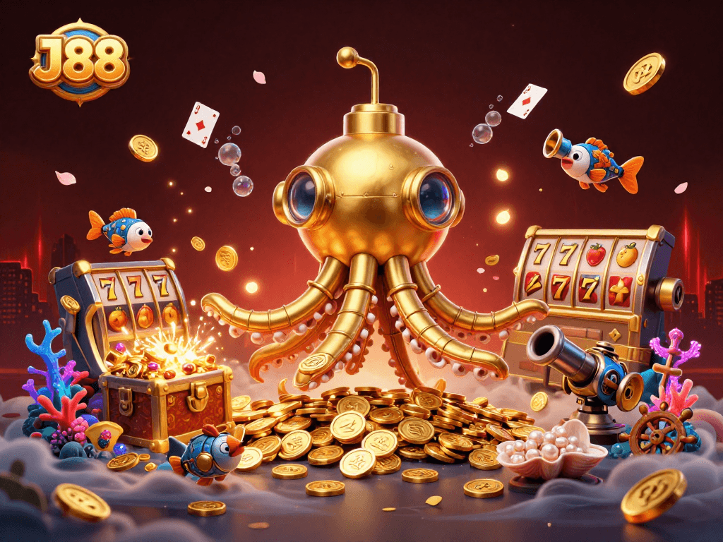 Experience thrilling jackpots with J88 in this vibrant 3D casino adventure illustration.