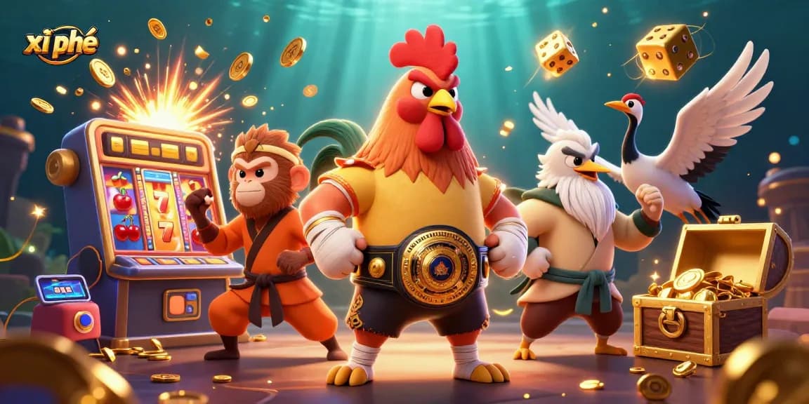 Experience the excitement of xì phé with a vibrant 3D illustration of a Muay Thai rooster, Shaolin monkey, and wise crane amid casino elements.