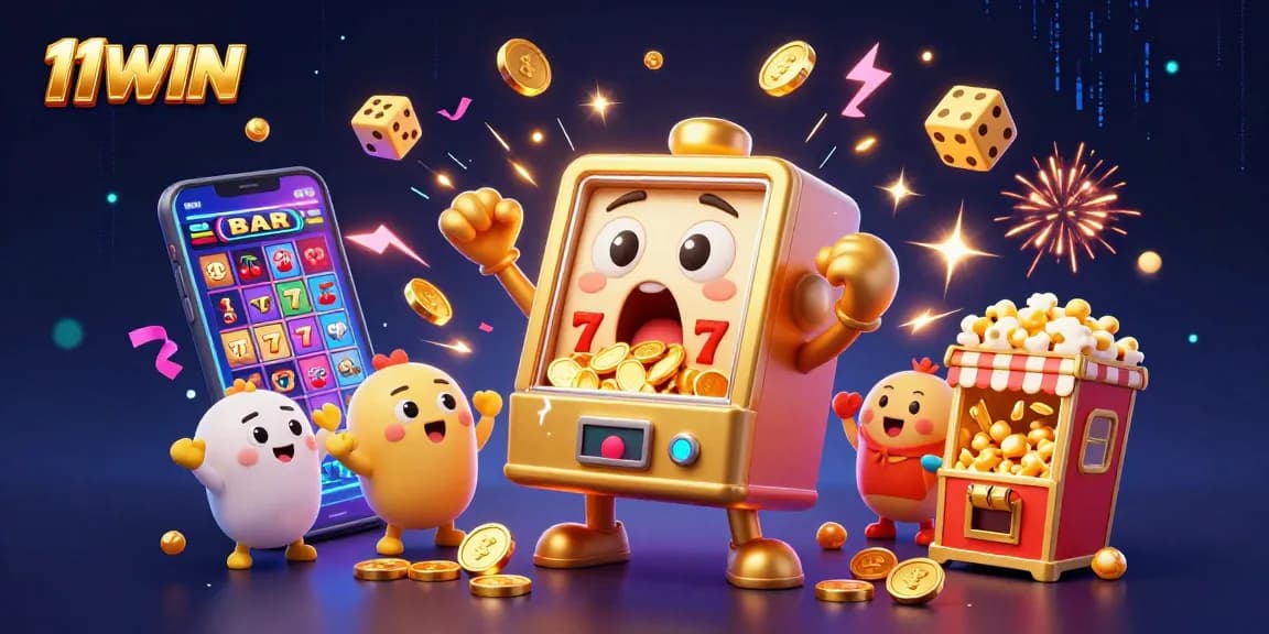 11WIN reveals a winning scene with a joyous slot machine showering coins in a vibrant casino