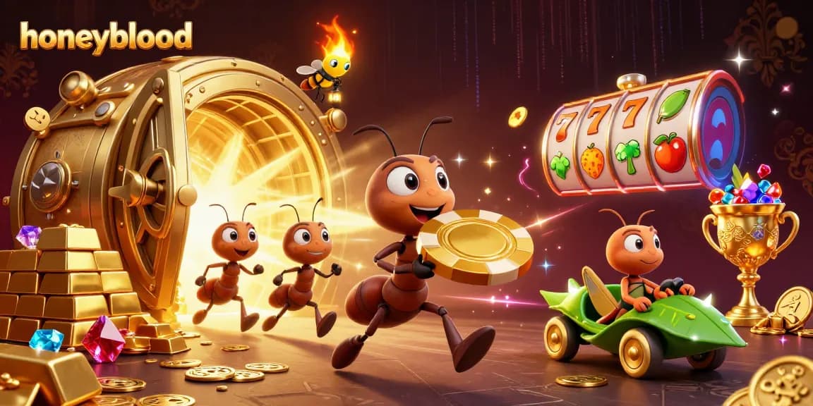 Engaging honeyblood scene with ants carrying a massive poker chip in a gold-rich casino environment.