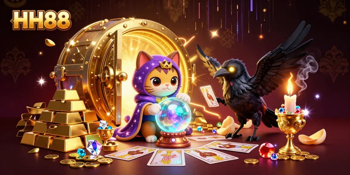 Experience the excitement of HH88 with vibrant casino magic from the mystic cat and glowing raven.