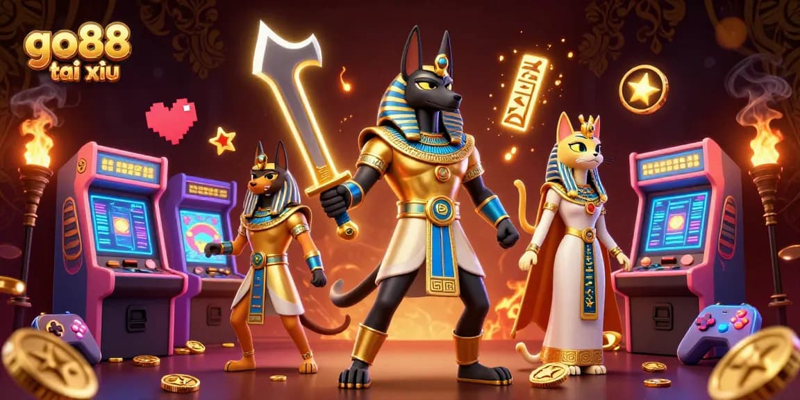 Experience thrilling go88 tài xỉu gameplay with ancient Egyptian themed characters and vibrant casino elements.