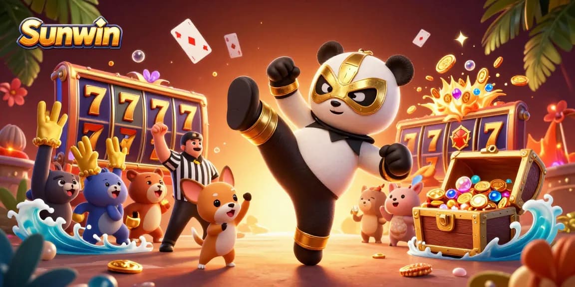Engage with Sunwin's vibrant casino scene featuring a panda wrestler and thrilling slot action.