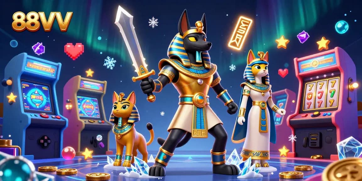Players immerse in excitement at 88VV casino with Anubis and Bastet amidst dynamic game elements.