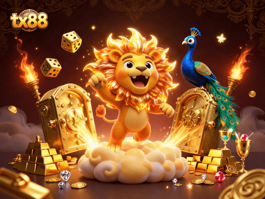 tx88 brings excitement with a roaring lion and dynamic casino elements in a vibrant 3D illustration.
