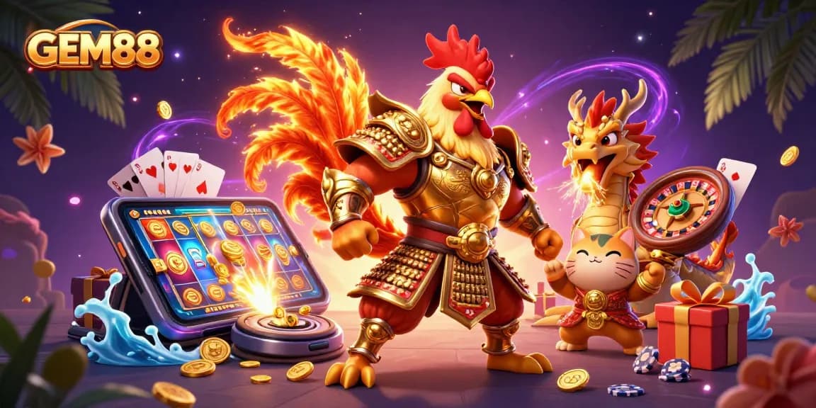 Experience the excitement of GEM88 with a dynamic casino scene featuring a brave rooster warrior and dragon with casino games.
