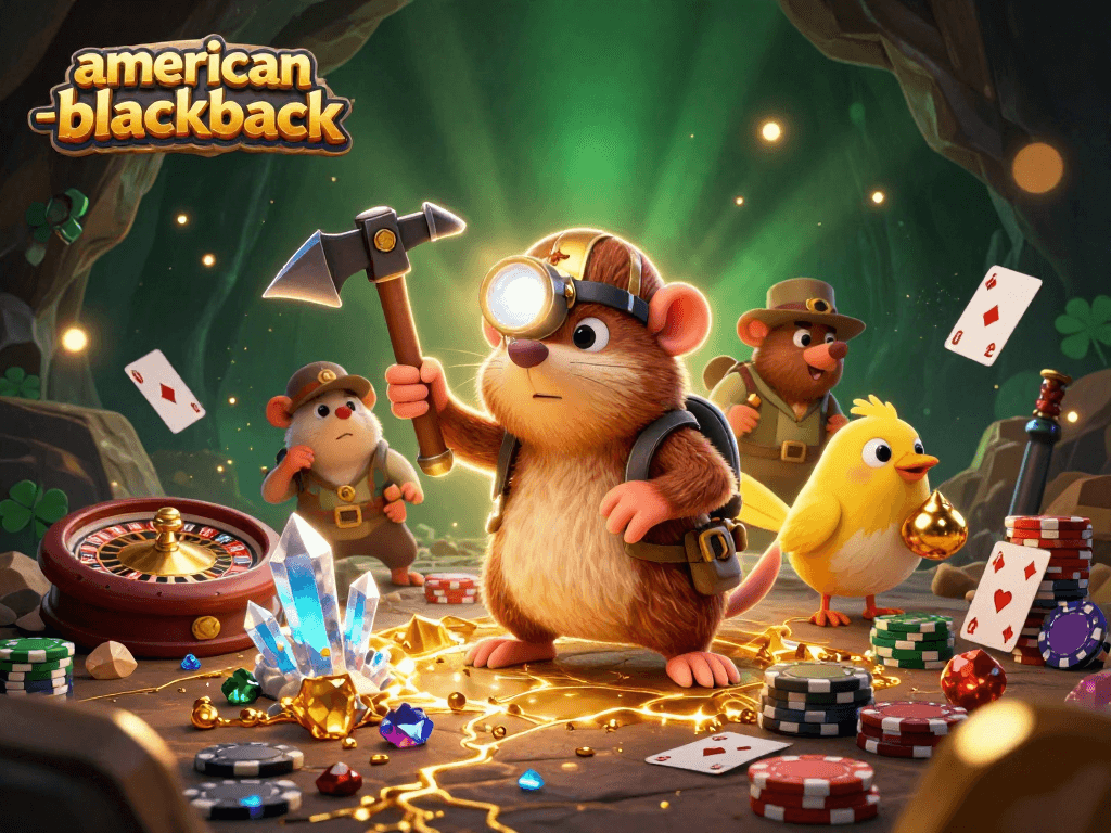 Play american-blackjack with thrilling excitement in this vibrant casino scene featuring engaging characters.