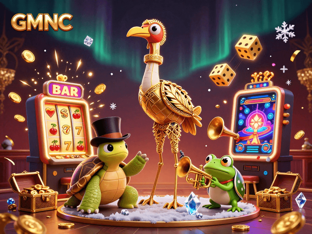 Engage with GMNC and revel in a vibrant casino scene featuring fun characters and thrilling slot machines.