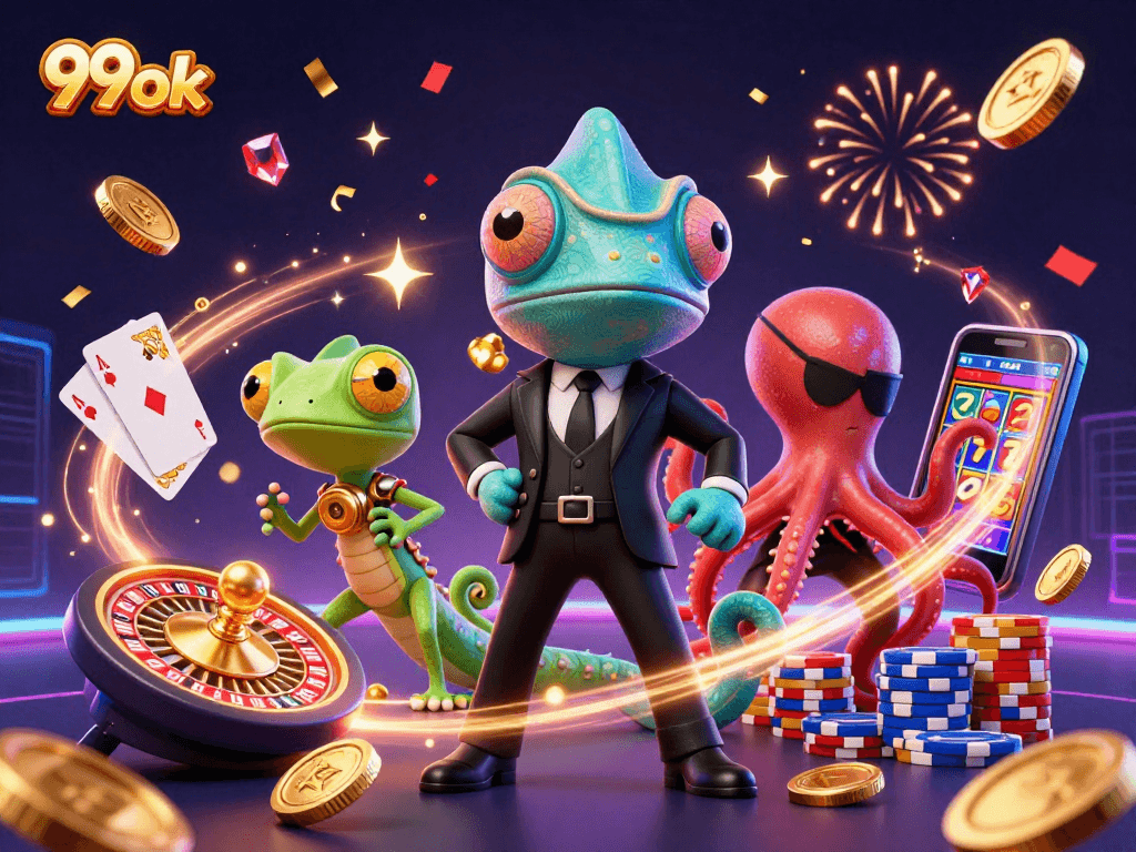 Win big with 99ok's thrilling casino experience, showcasing secret agent chameleon and high-stakes action.