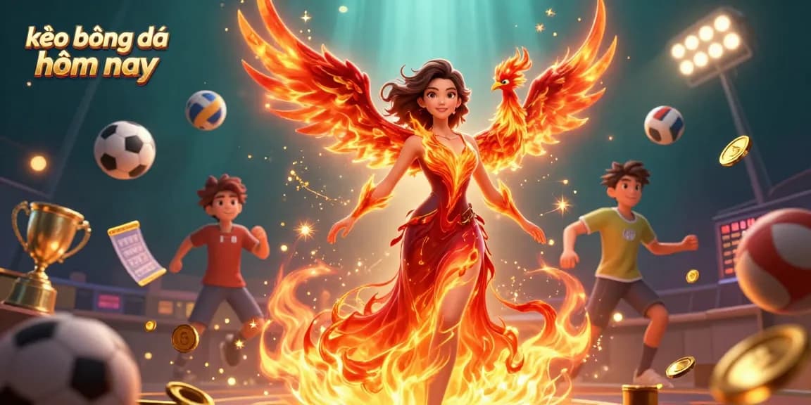 Engage in thrilling action with kèo bóng đá hôm nay amidst dynamic sports elements, shining trophies, and vibrant energy.