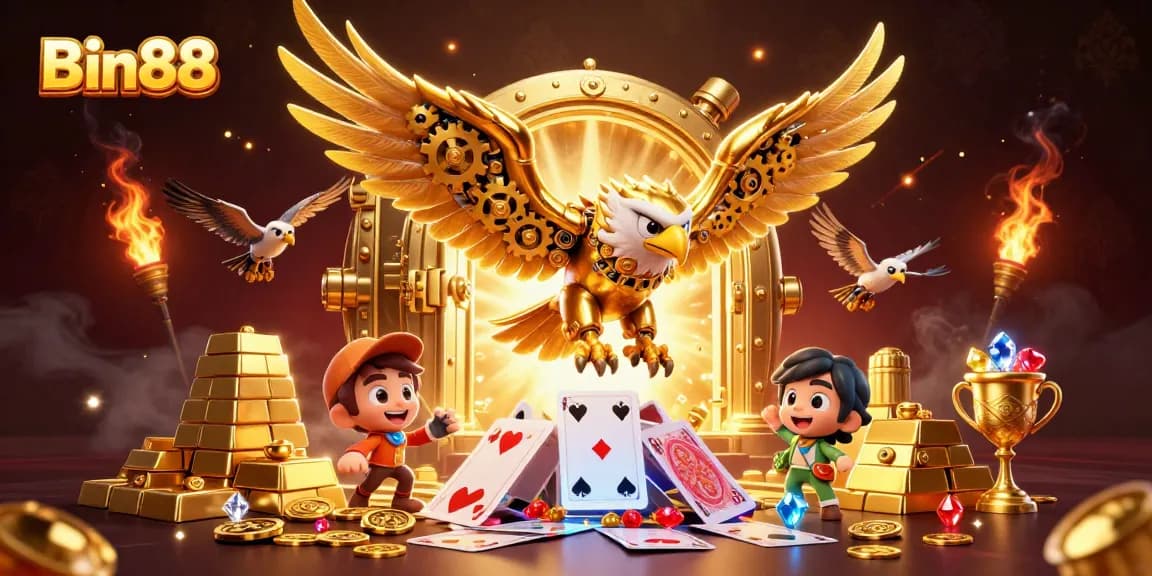 Engage with Bin88's thrilling casino experience featuring a cybernetic golden eagle amidst holographic playing cards.