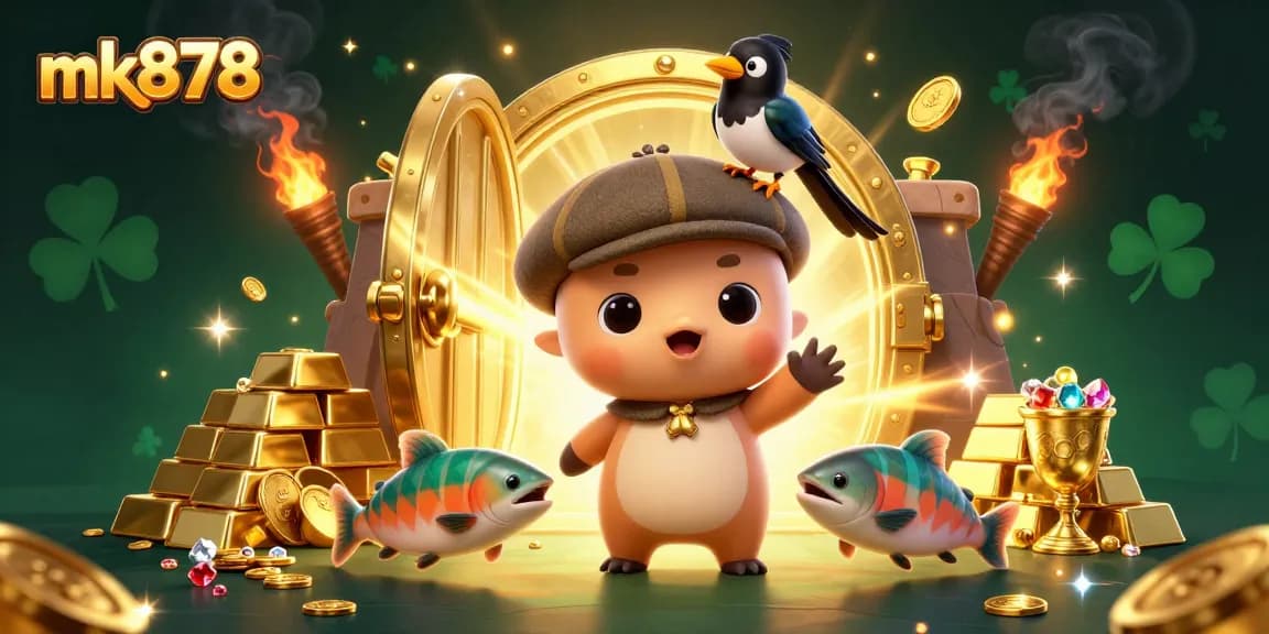 Place bets at mk878 with exciting cartoon characters surrounded by dazzling treasures and casino elements.