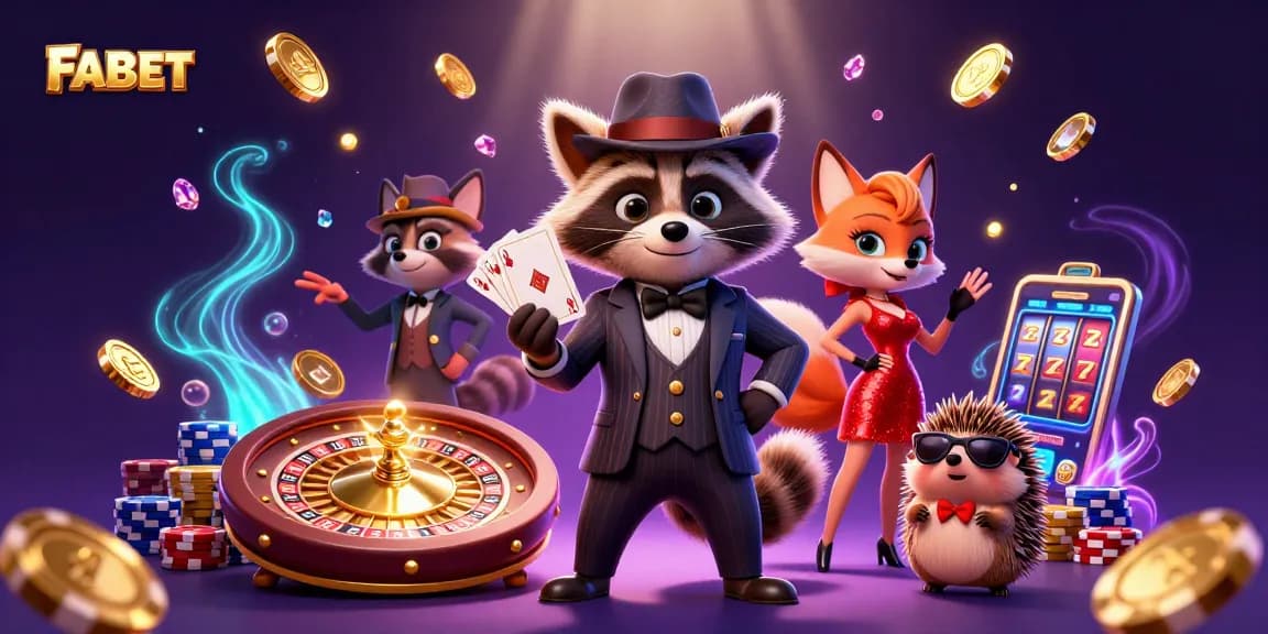 Experience FABET's vibrant online gaming world featuring a raccoon, fox, and hedgehog in a casino.