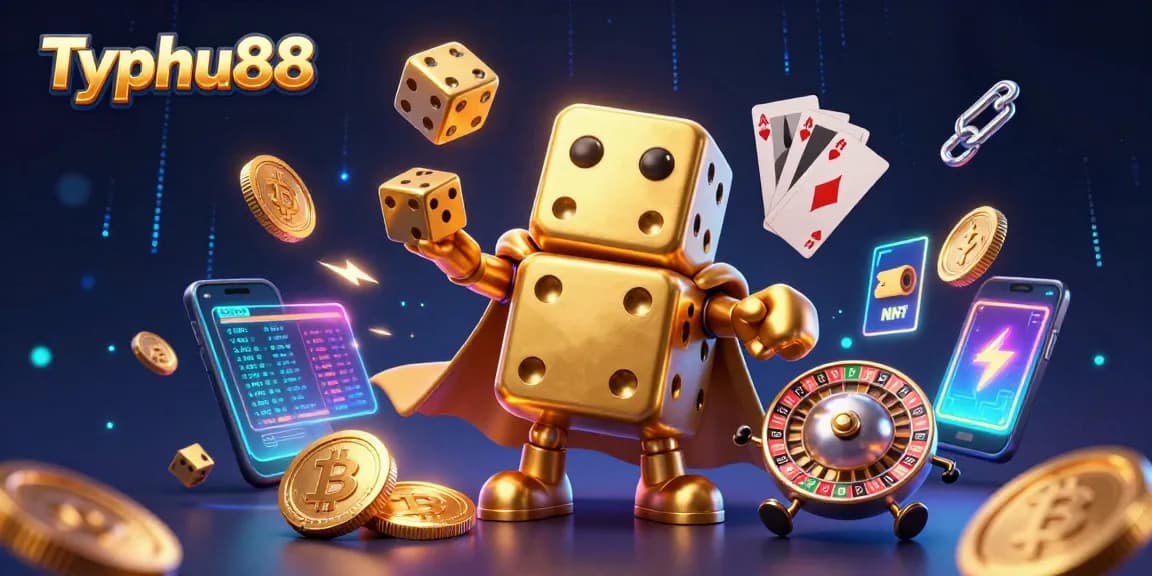 Experience excitement with Typhu88 as the golden dice golem juggles lively casino elements.