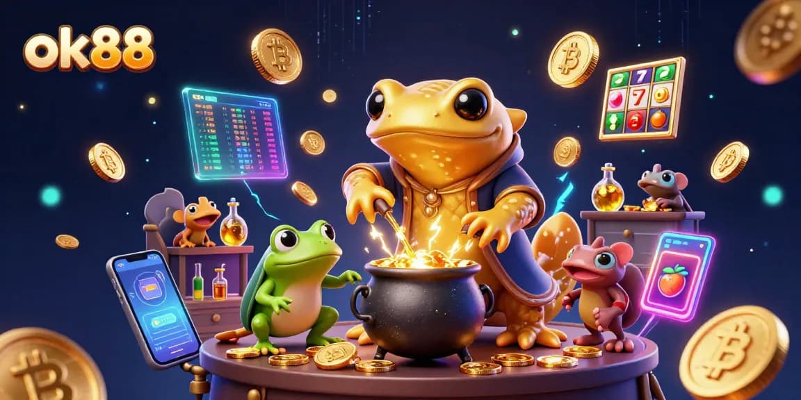 Transform your gaming experience with ok88's captivating 3D casino scene featuring gold and crypto elements.