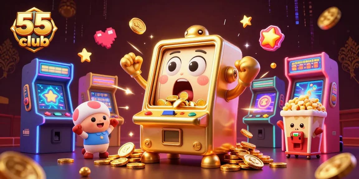 55 club slot machine hits jackpot while gold coins pour out, surrounded by arcade and gaming elements