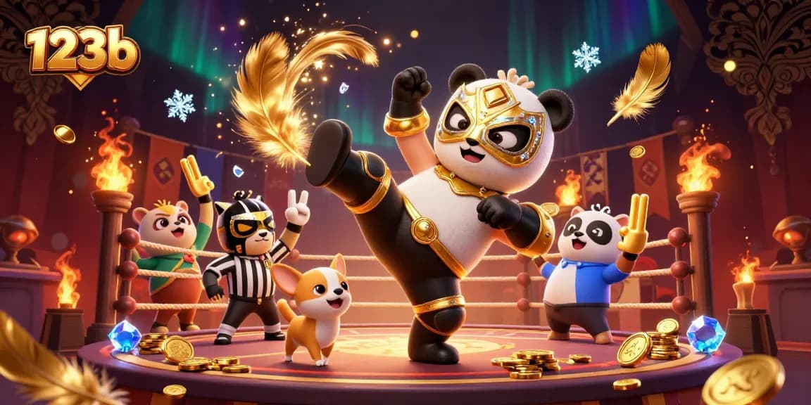 Experience thrilling 123b casino action with a lively panda wrestler and referee in a vibrant arena.