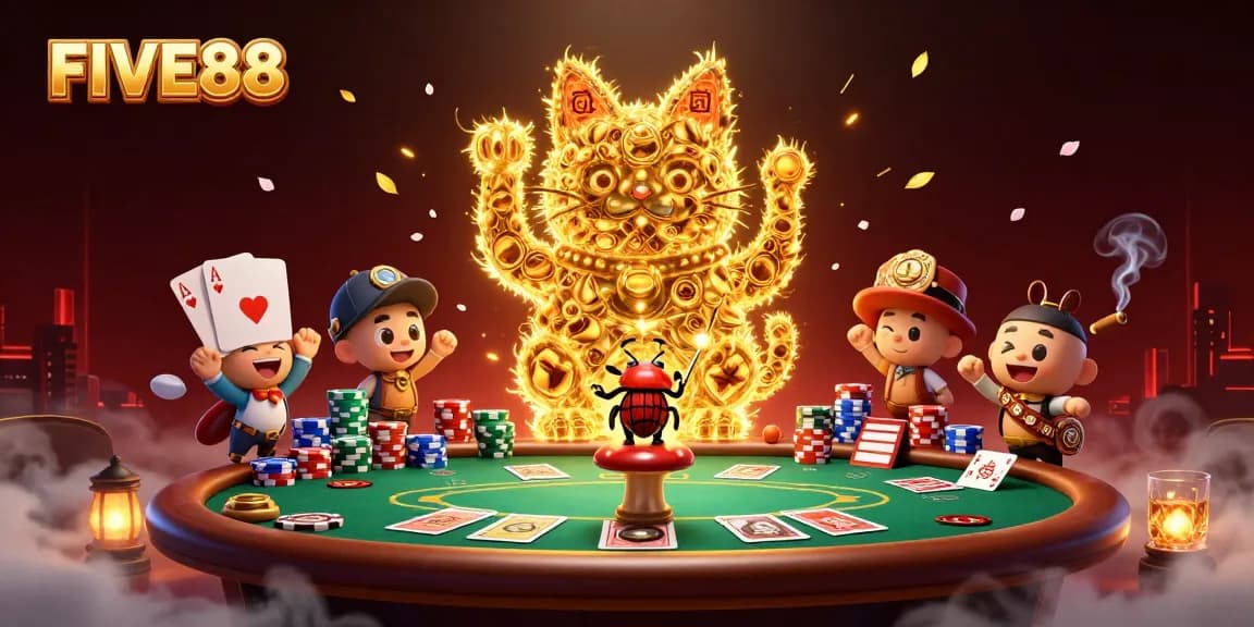 Experience the charm of FIVE88 with a lucky cat created by golden fireflies in this 3D casino scene.