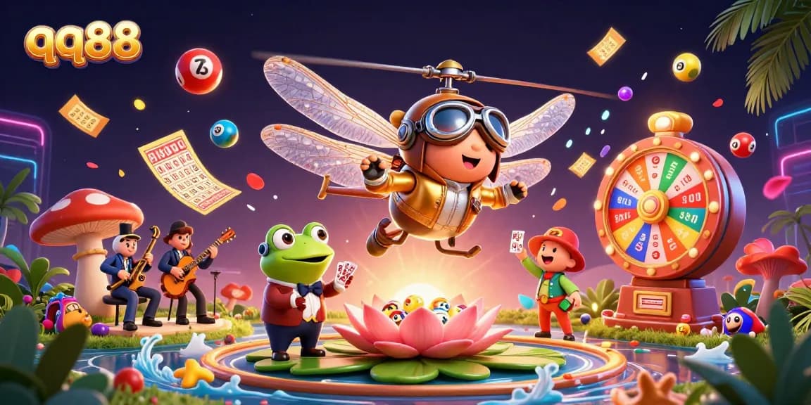 Join the fun at qq88, where a cartoon dragonfly pilot hovers over a vibrant lily pad casino scene with a frog croupier!