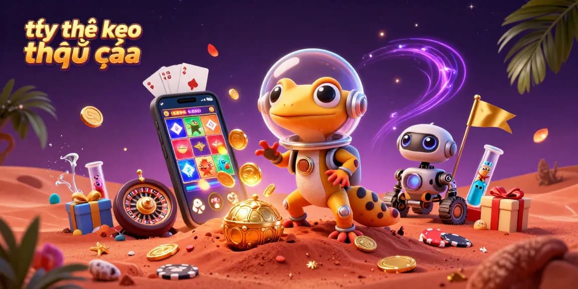 Vibrant 3D illustration celebrating tỷ lệ kèo nhà cái in a cosmic casino discovery scene.