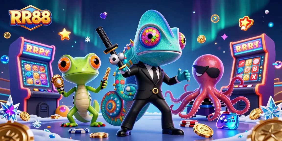 RR88 casino illustration featuring a secret agent chameleon and jackpots, immersing players in a vibrant gambling atmosphere.