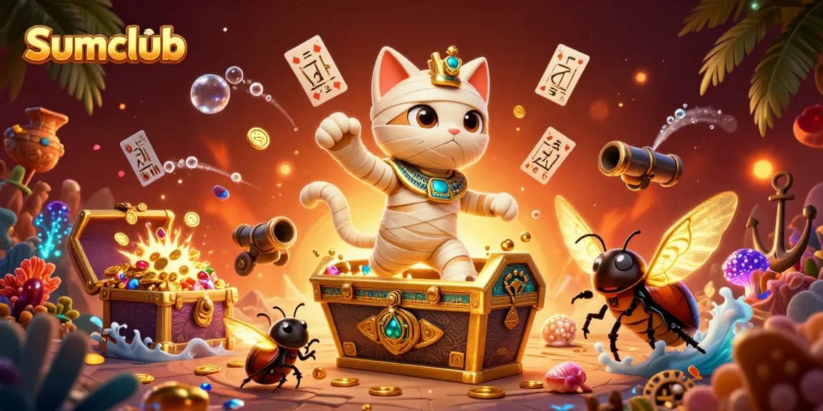 Experience the thrill at Sumclub with a dynamic scene of gaming excitement featuring a unique Egyptian mummy cat.