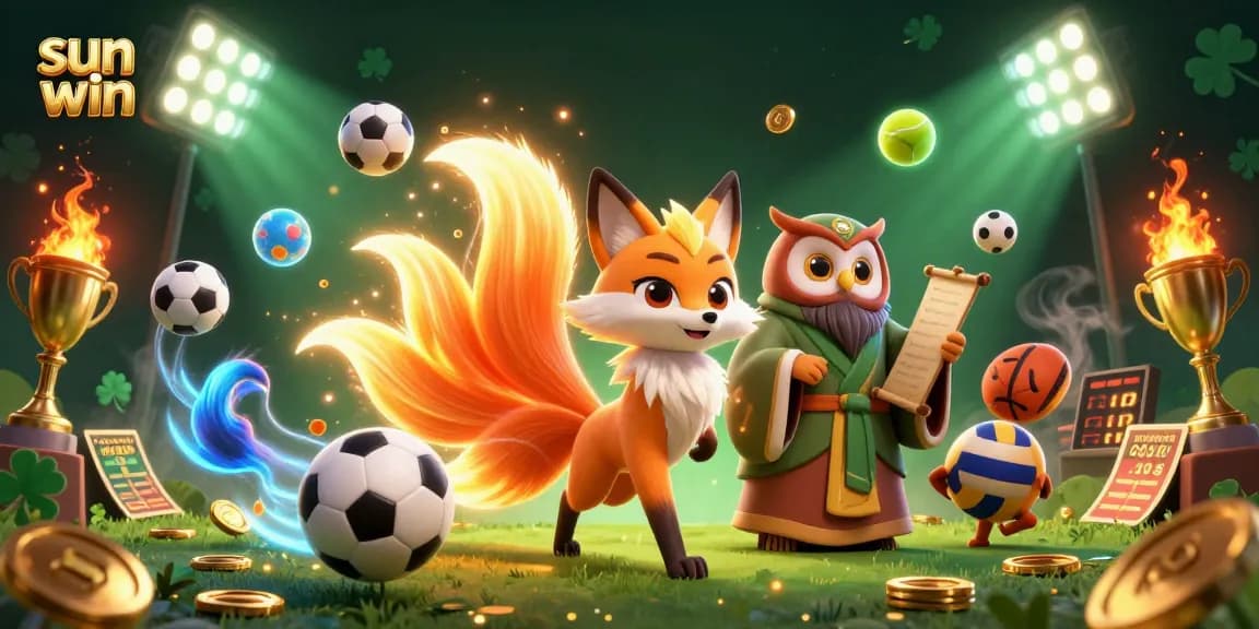 Experience the thrill with sun win in this lively 3D illustration of a glowing fox and wise owl in a vibrant gambling scene.