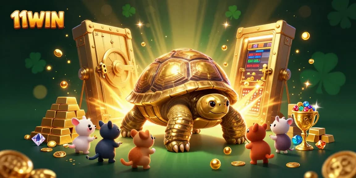 11WIN players enjoying vibrant casino atmosphere with a golden tortoise pinball machine and treasure scene.