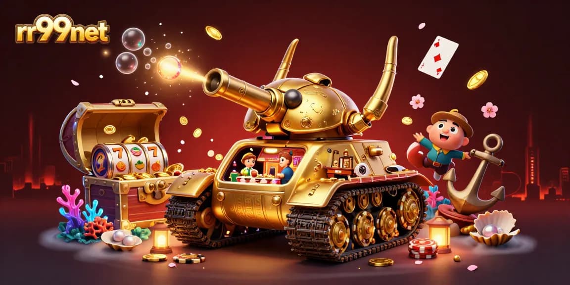 Experience thrilling gameplay at rr99net with a packed scene of a golden beetle tank casino bursting with excitement and rewards.