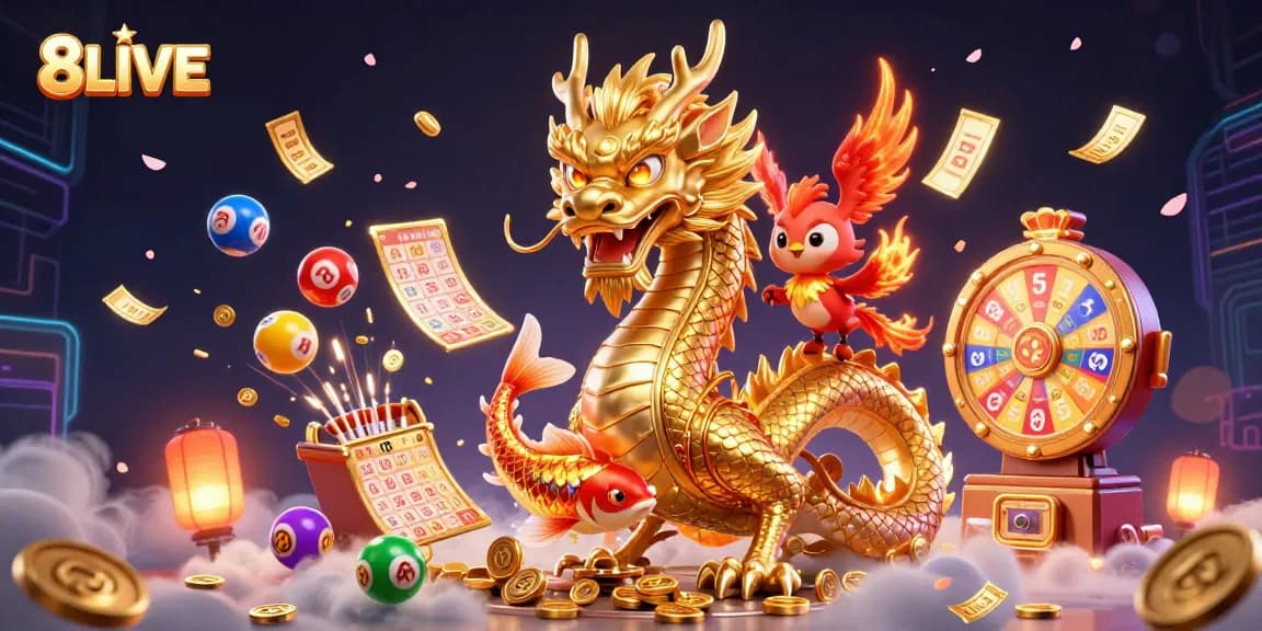 Experience thrilling moments with 8LIVE in a vibrant 3D gambling illustration featuring dynamic casino elements.