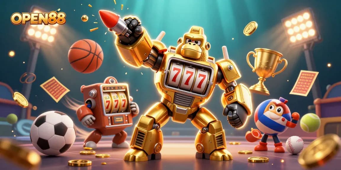 Experience exciting gaming at OPEN88 with a dynamic 3D illustration featuring a golden gorilla mech and vibrant sports elements.