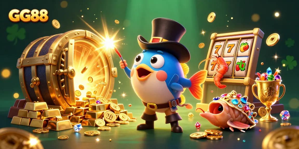 Spin to win with GG88: a vibrant 3D illustration featuring an anglerfish, shrimp, and snail amidst golden treasures.