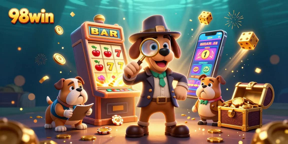 Examine the golden poker chip clue with 98win's vibrant casino illustration featuring a detective and treasures.