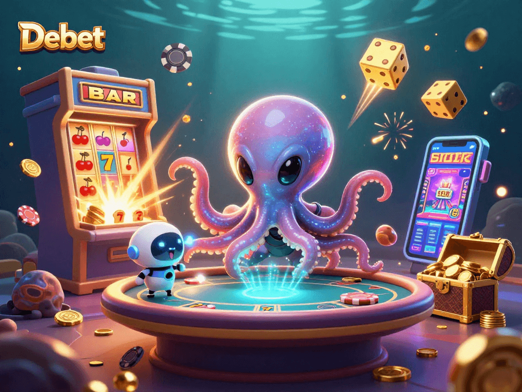 Debet players enjoy a vibrant 3D casino scene featuring an alien octopus at a poker table, surrounded by dynamic game elements.