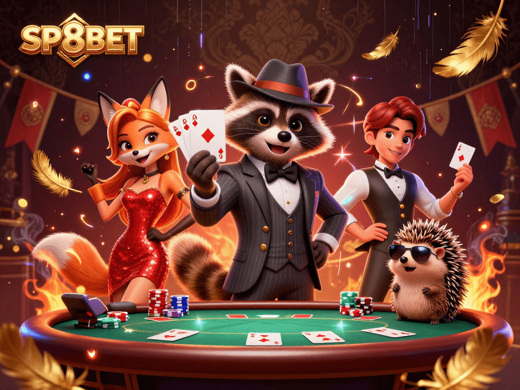 Experience the thrilling world of SP8BET with a stylish raccoon holding a royal flush in an energetic casino scene.