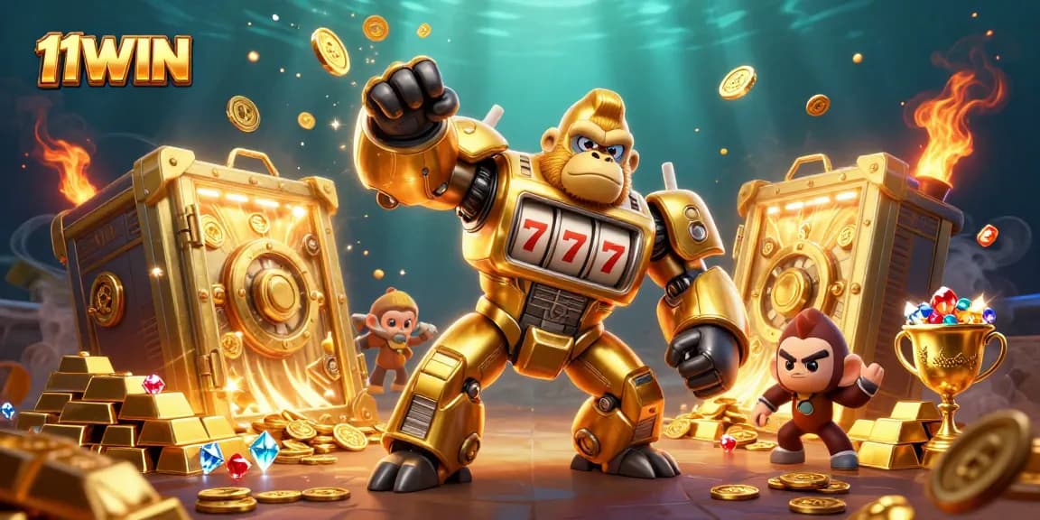 Engage with the thrill of winning at 11WIN's vibrant casino, featuring a golden mech and treasure.