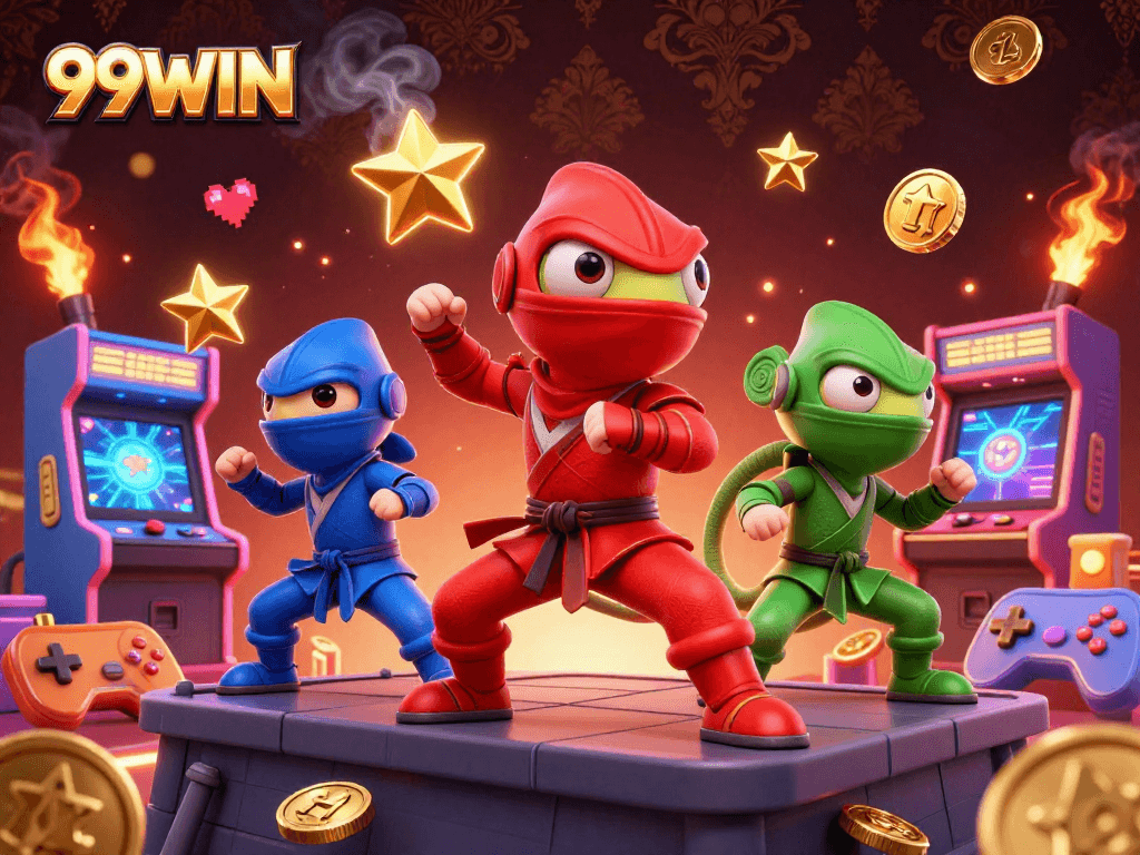 Engage in the exciting world of 99WIN with vibrant 3D ninja chameleons and casino elements.