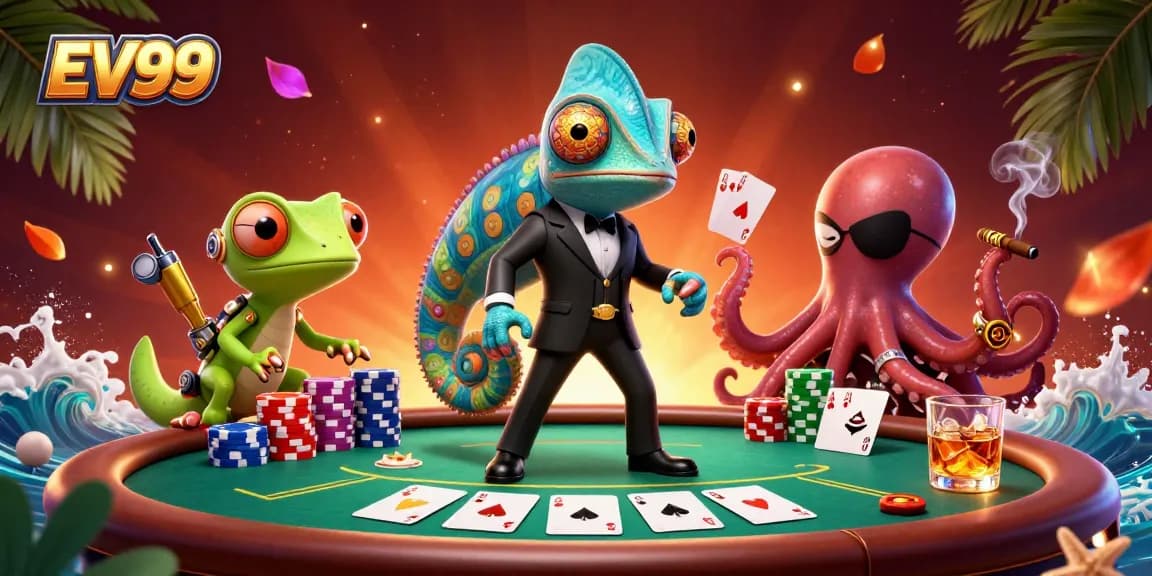 Experience thrilling poker action with EV99 in a vibrant 3D casino scene.