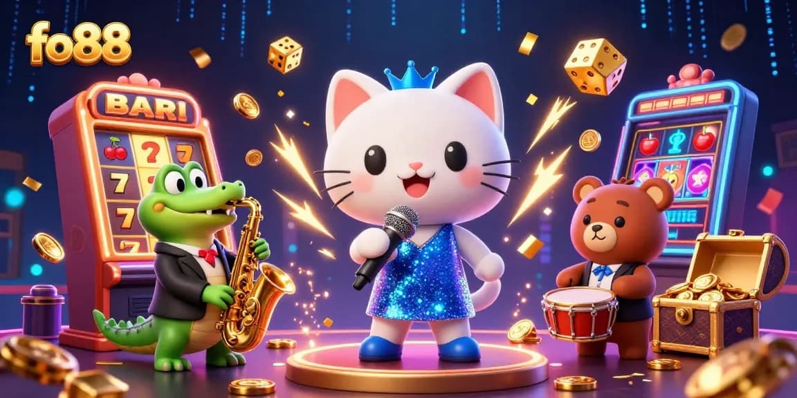 Experience fo88 thrill with a lively jazz-singer cat, a saxophone crocodile, and a drum-playing bear in a vibrant casino backdrop.