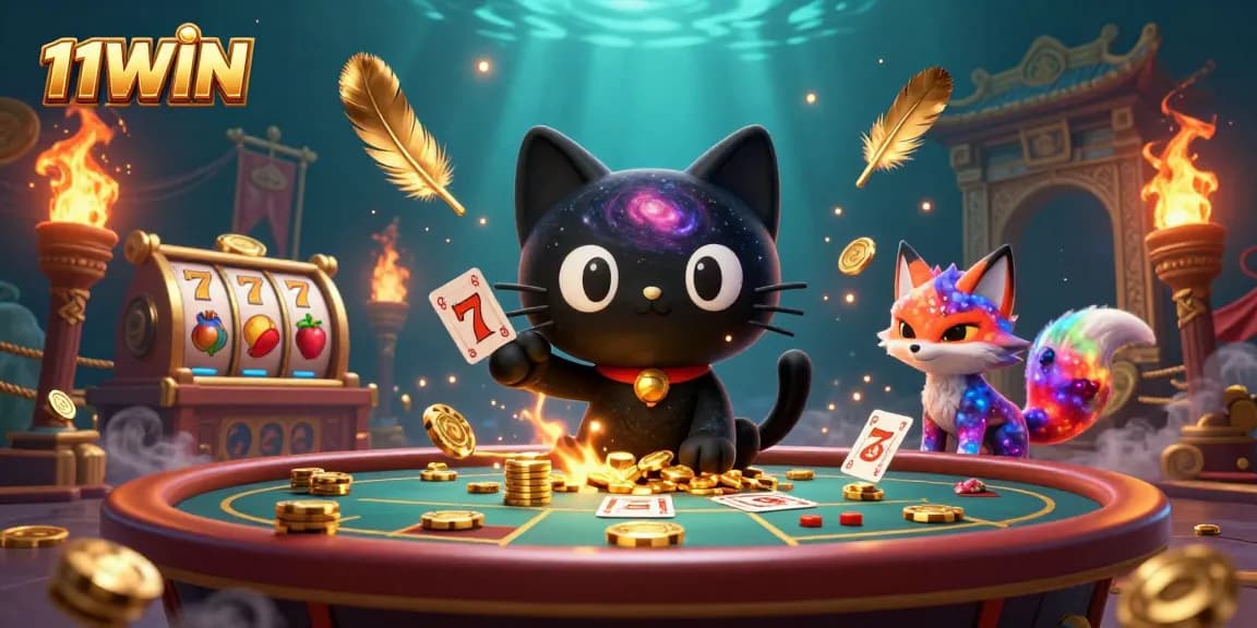 Experience 11WIN's cosmic casino with a black hole cat and nebula fox, amidst vibrant slot elements.