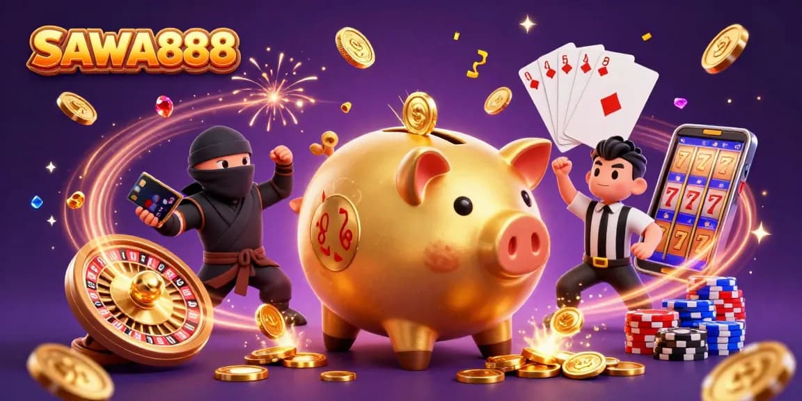 SAWA888 showcases a vibrant casino scene with a golden piggy bank wrestler and playful elements.
