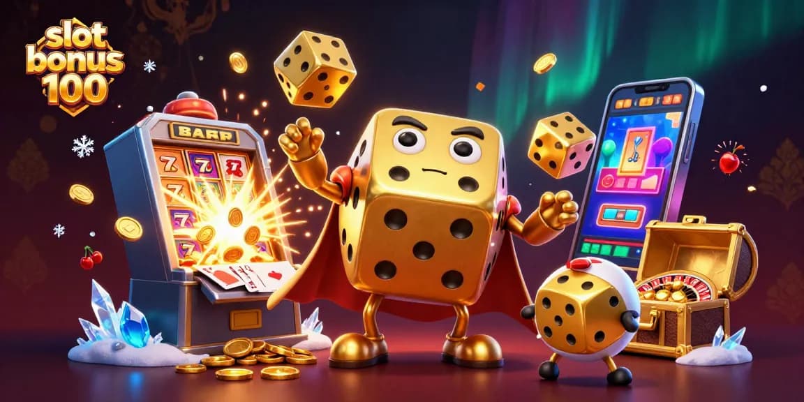 Mesin slot bonus 100 yang berfungsi penuh dengan karakter 3D menarik dalam suasana kasino.