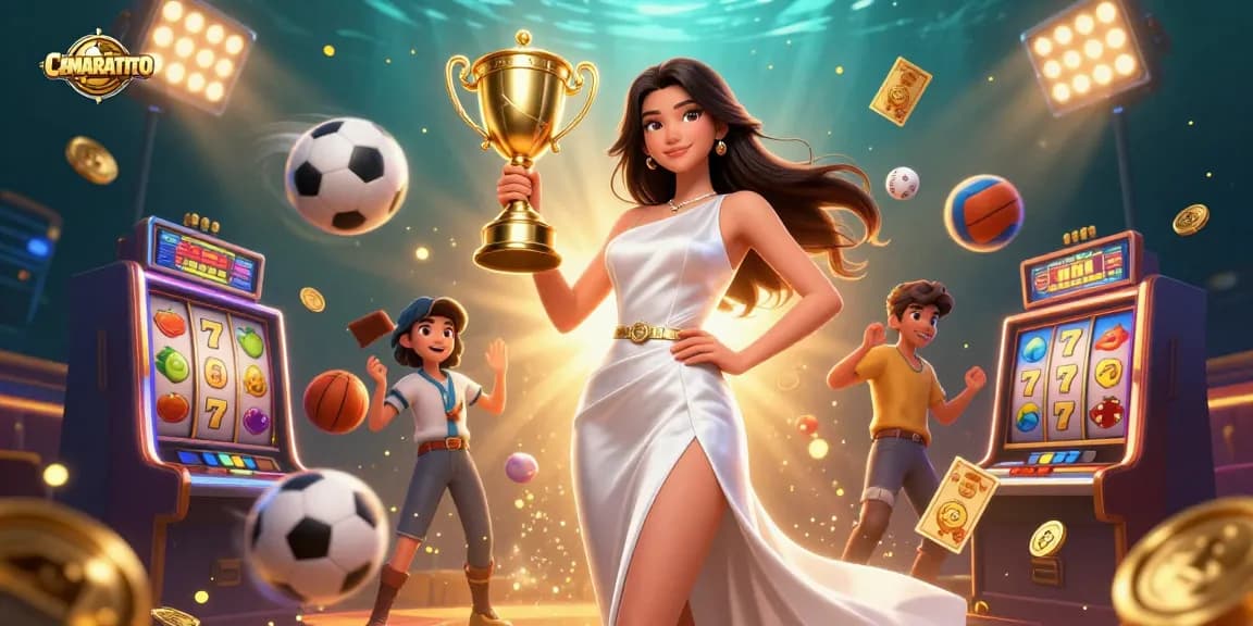 CEMARATOTO celebrates winning at the slots with a stunning Asian woman holding a trophy in a vibrant casino atmosphere.