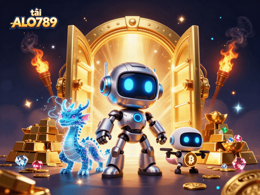 Engage in thrilling gaming with tải ALO789 alongside vibrant gaming characters and treasure elements.