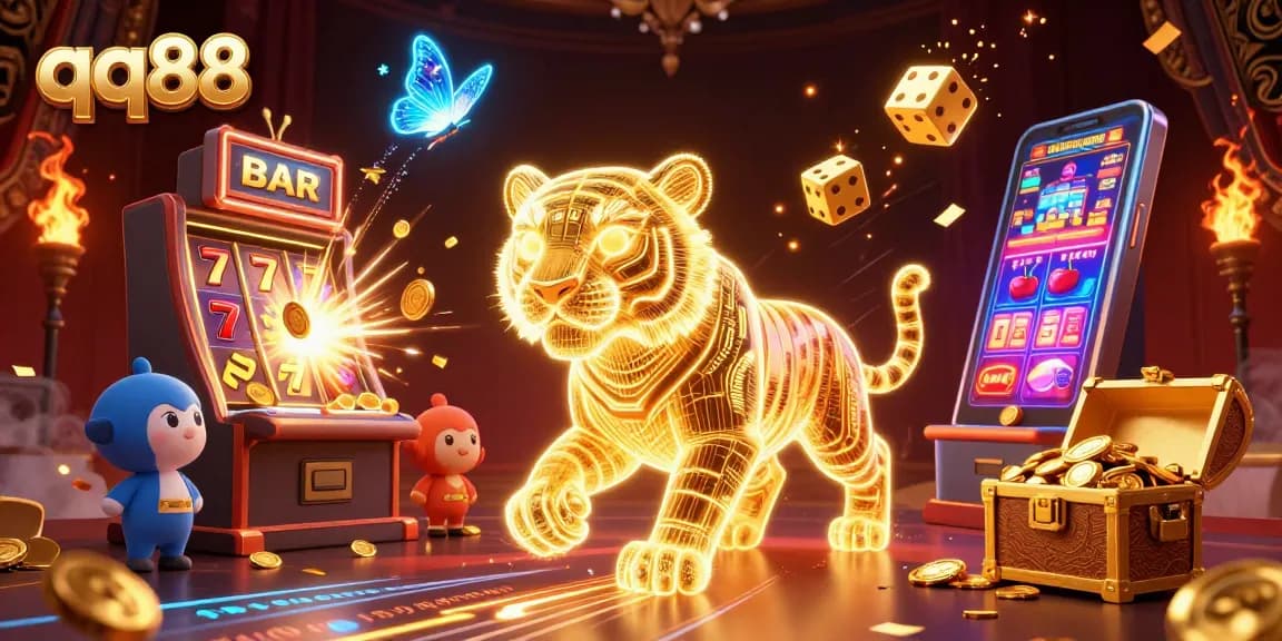 Experience exciting jackpots at qq88 with a neon tiger and vibrant casino elements.