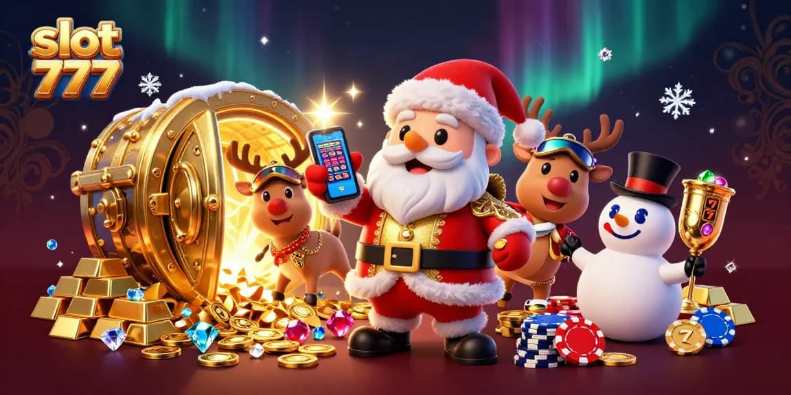 Play exciting slots with slot 777 portrayed in a festive, dynamic 3D illustration featuring Santa, a reindeer, and a snowman.